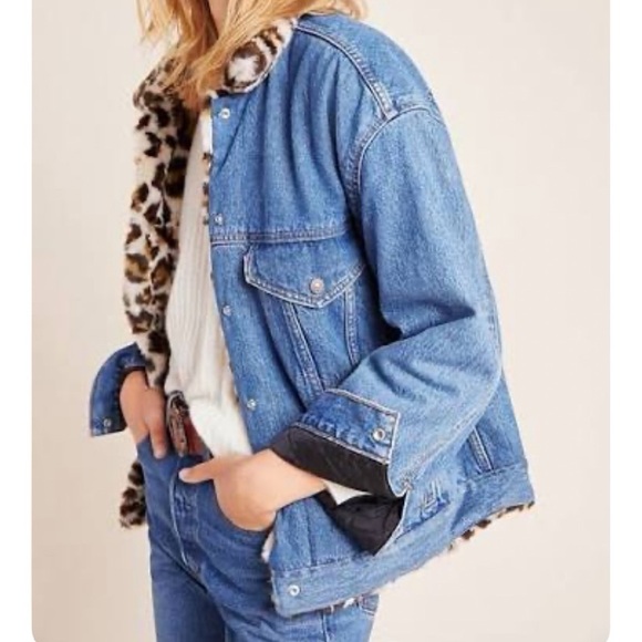 Levis Trucker Faux Fur Leopard Lined Oversized Denim Jacket - Picture 1 of 16